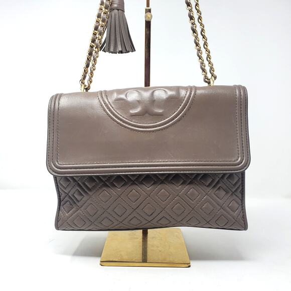 Tory Burch Fleming Convertible Shoulder Bag Crossbody Leather Gray Taupe - Picture 4 of 11